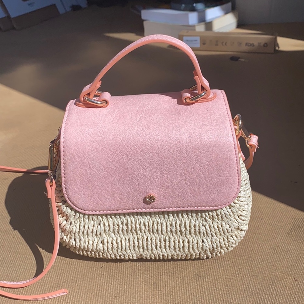 Lauren Conrad Straw Round Structured Satchel Crossbody Pink Purse New